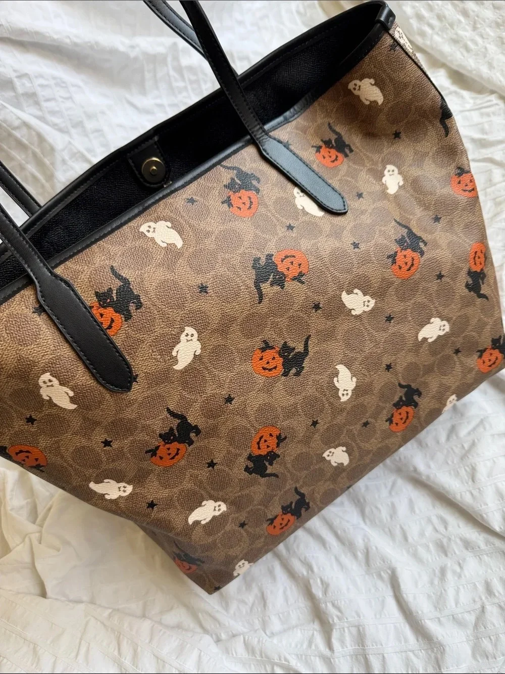 Coach Brown Canvas Tote with Halloween Pumpkin & Ghost Print